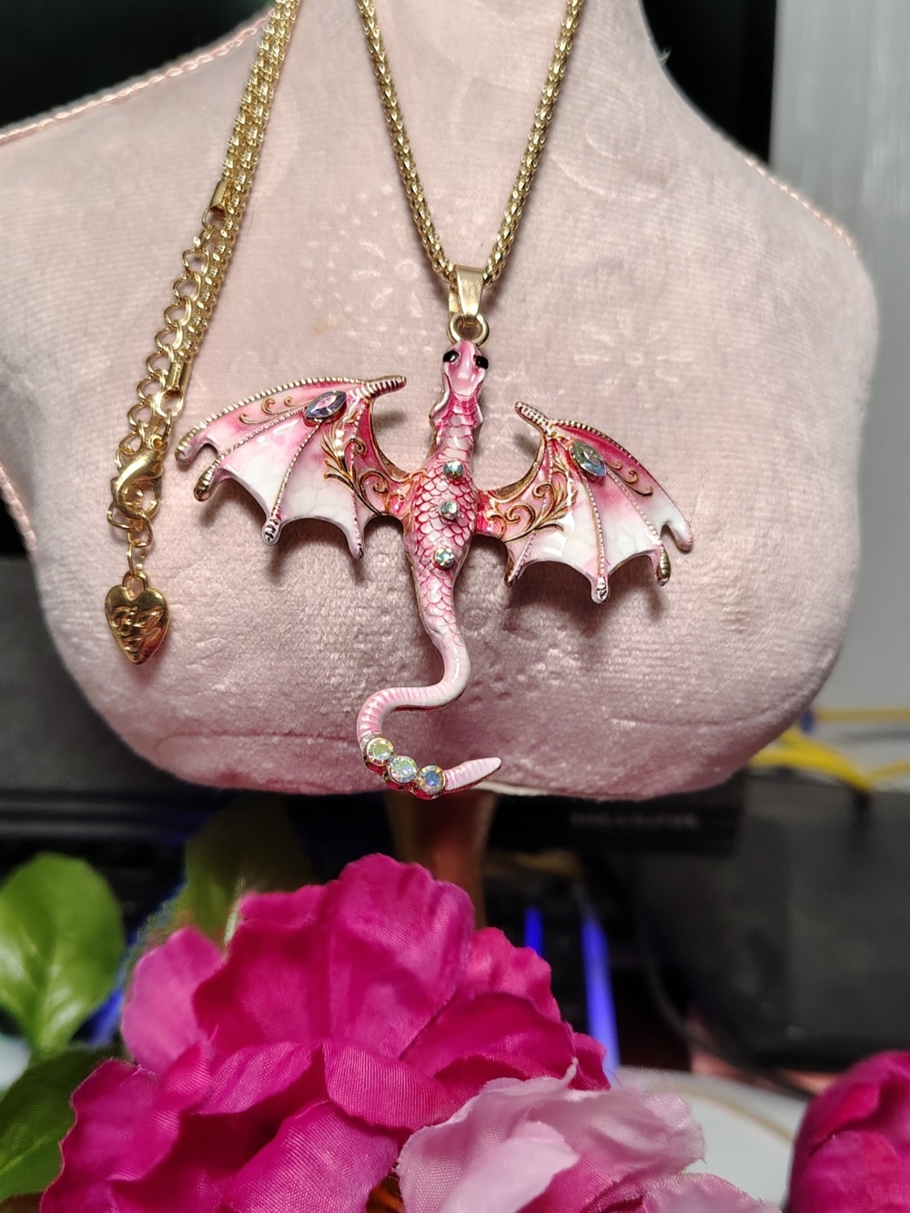 Betsey Johnson Pink and Gold Dragon Pendant Necklace